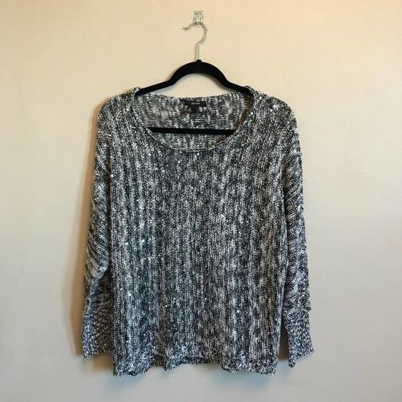 Alfani M black silver sequin long sleeve blouse knitwear bohemian - Picture 1 of 7
